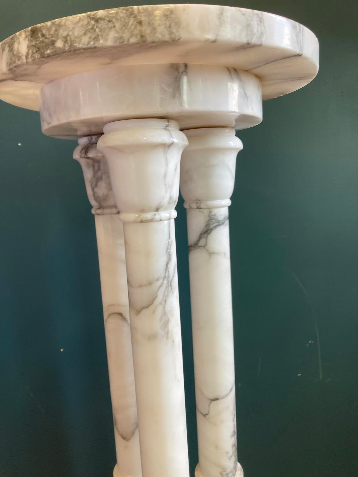 Vintage White Italian Marble Pedestal Stand with Three Columns