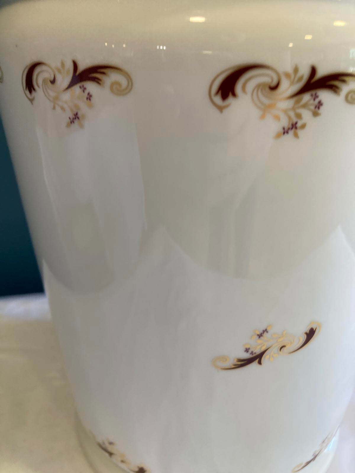 Vintage Liette International Porcelain Red & Gold Scroll Wastebasket