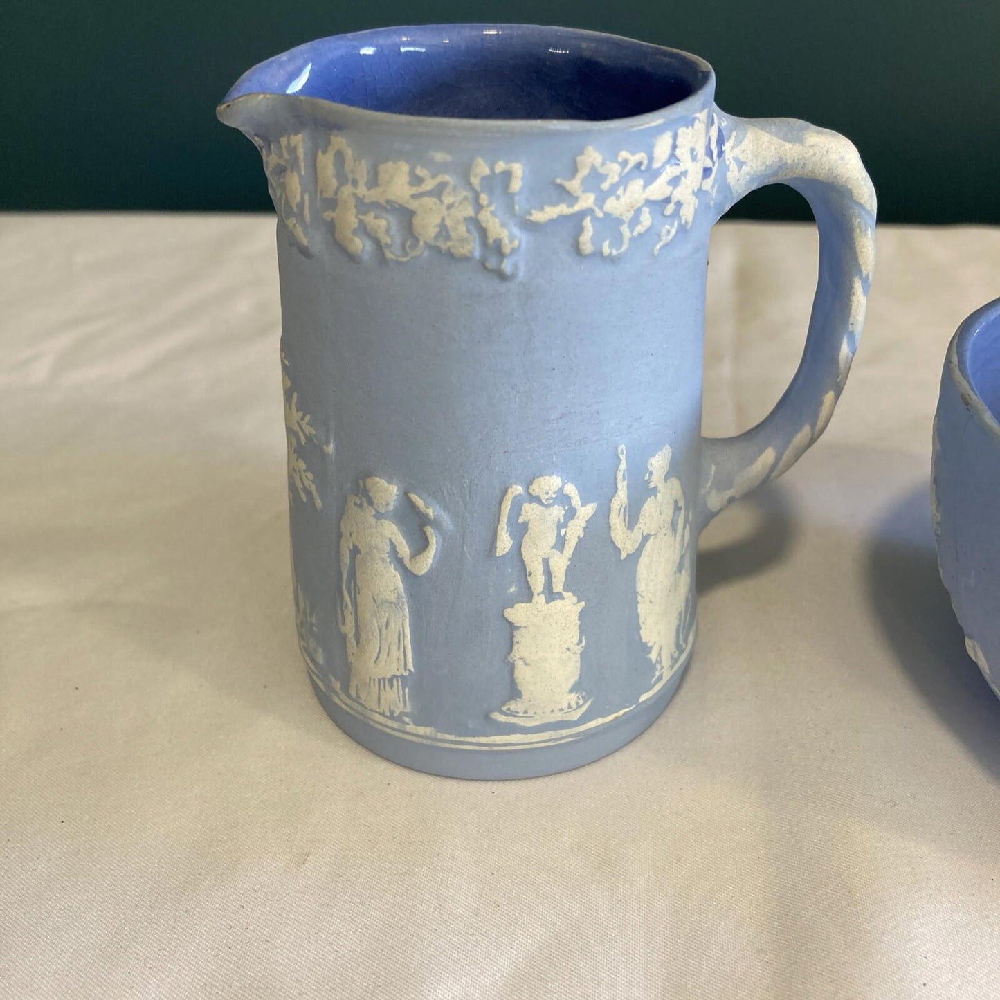 Vintage Blue Jasperware Creamer & Bowl Set –Classic Greek Relief Made in England
