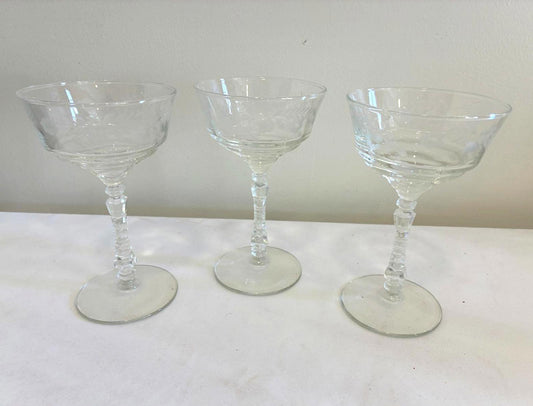 Libbey Rock Sharpe Champagne Coupes Set of 3, Vintage Etched Crystal Stemware