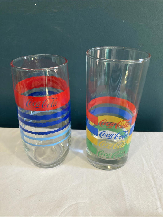 Vintage Set of 2 Coca Cola Striped Drinking Glasses 12 oz Soda Tumblers