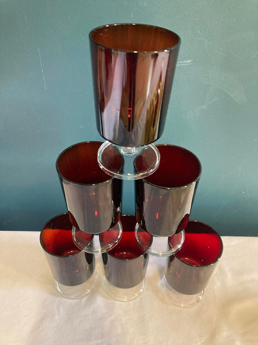 Vintage Luminarc French Glasses Red with Clear Stem, Set of 6
