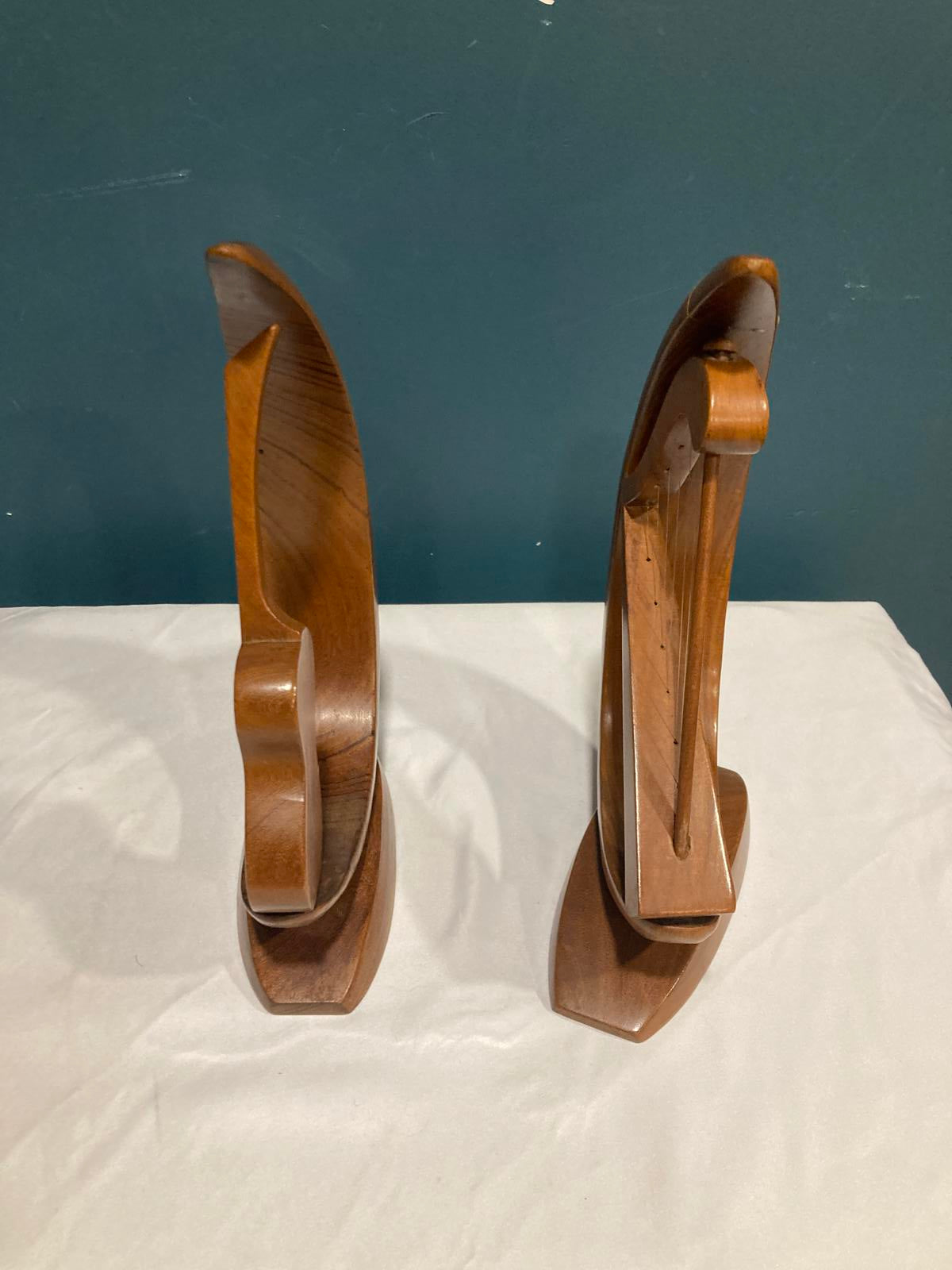 Vintage Wooden Harp & Guitar Bookends or Sculptures