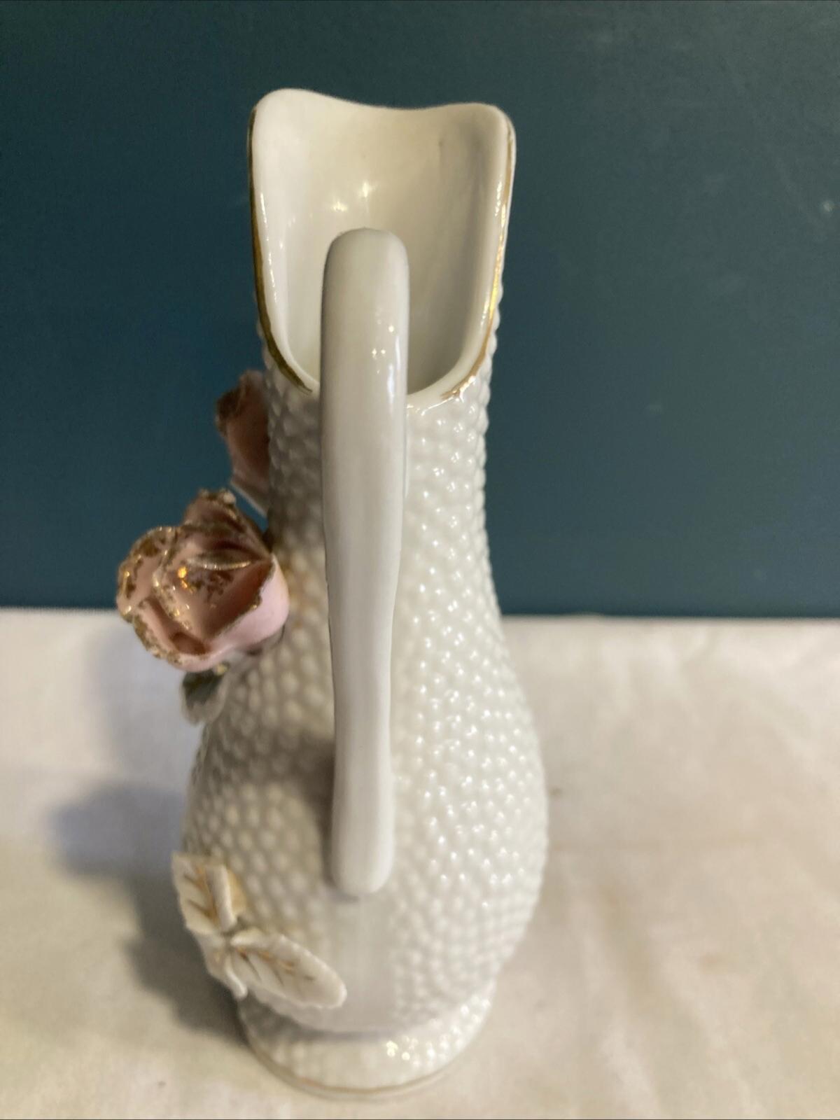 Vintage Mini Pitcher 3D Floral Design Porcelain Gold Trim White Bud Vase 5.75”