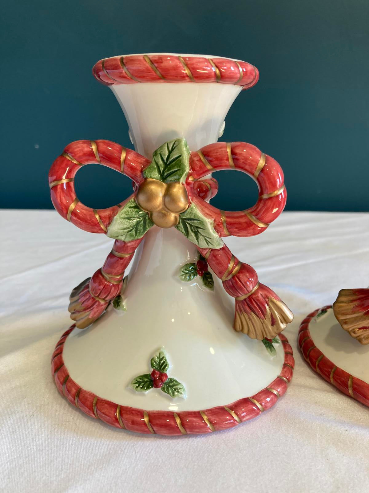 Vintage Fitz & Floyd Christmas Bow Ceramic Candlesticks