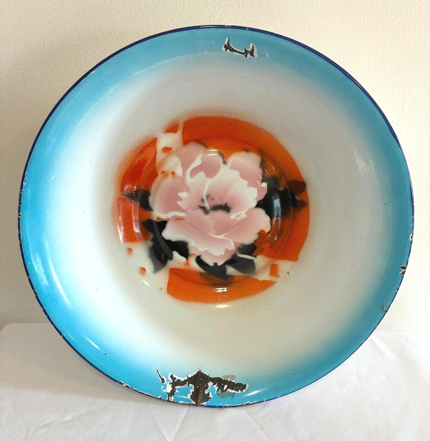 Vintage Enamel Bowl Hand Painted Floral Design Chippy Patina