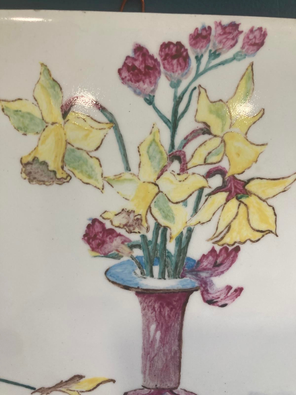 Hand Painted Floral Ceramic Tile 1950– Daffodils & Carnations Wall Art