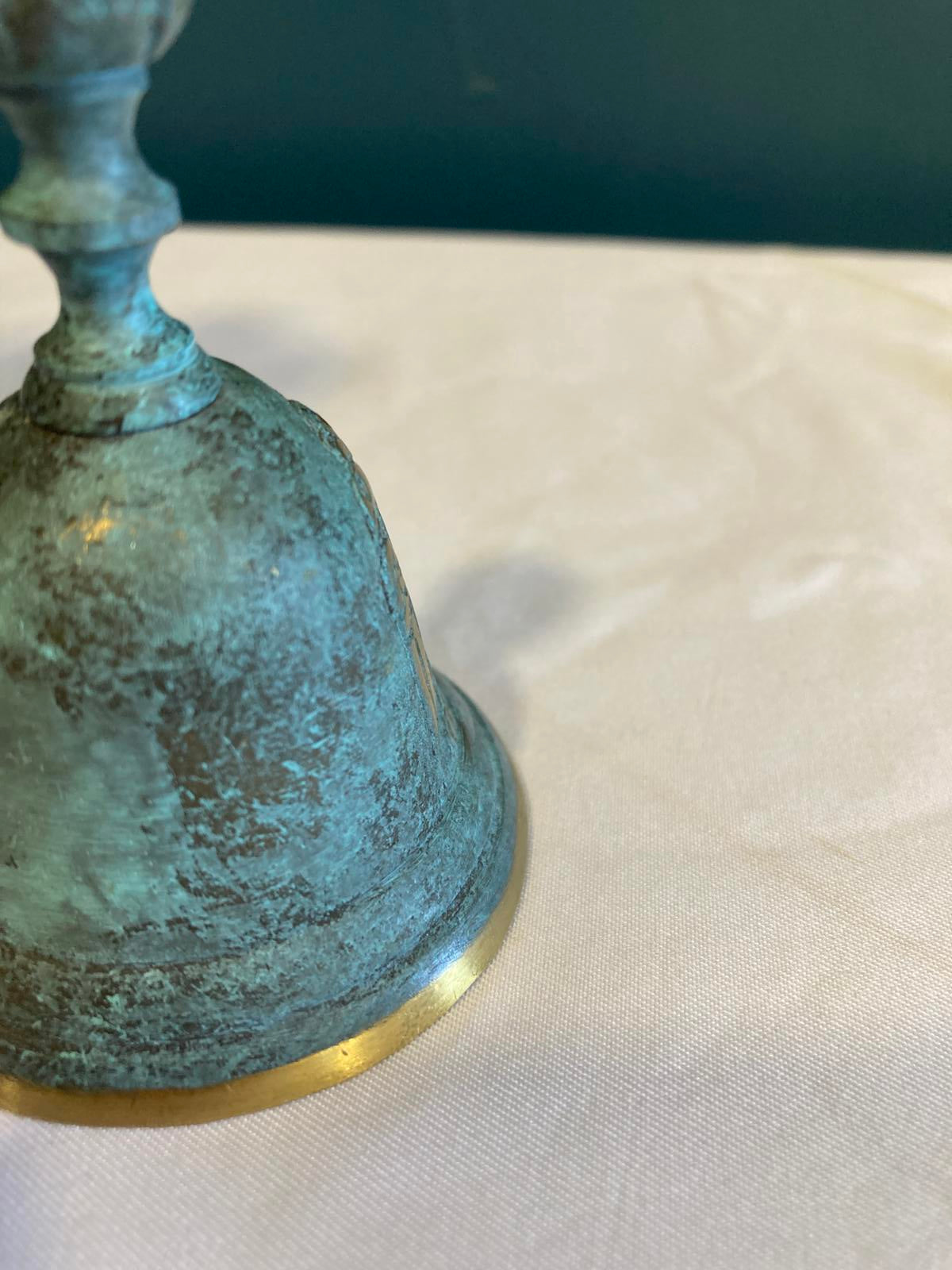 Vintage Green & Gold Brass Bell w/ Double-Headed Eagle – Ornate Finial, 3” Tall