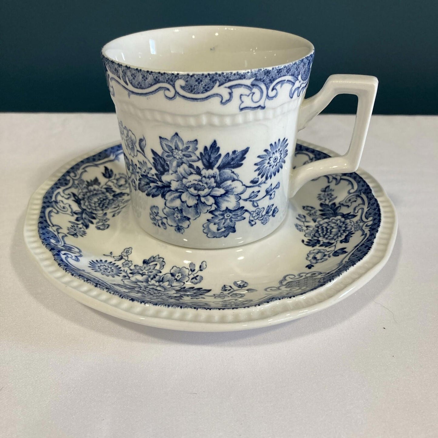 Kensington Staffordshire Ironstone Balmoral Tea Cup Saucer England Blue Flowers