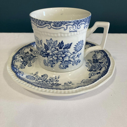 Kensington Staffordshire Ironstone Balmoral Tea Cup Saucer England Blue Flowers