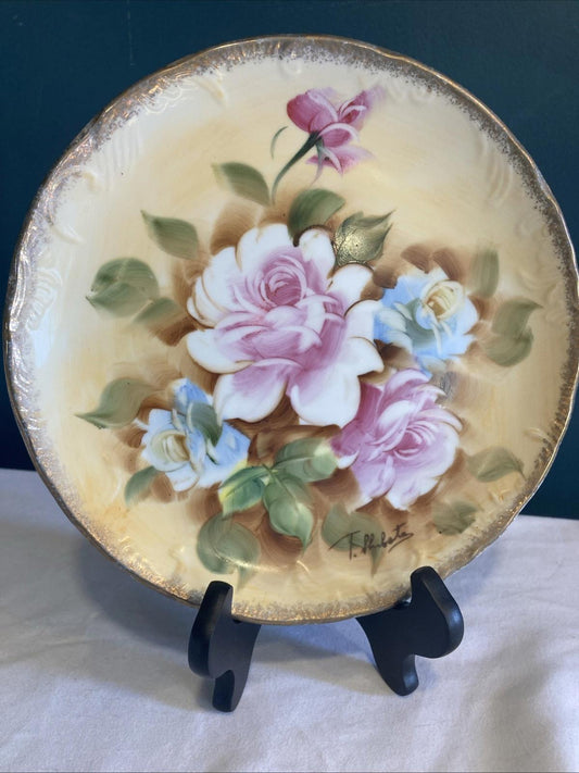 Vintage Handpainted Enesco Pink Rose Floral Collector Plate 8.75"