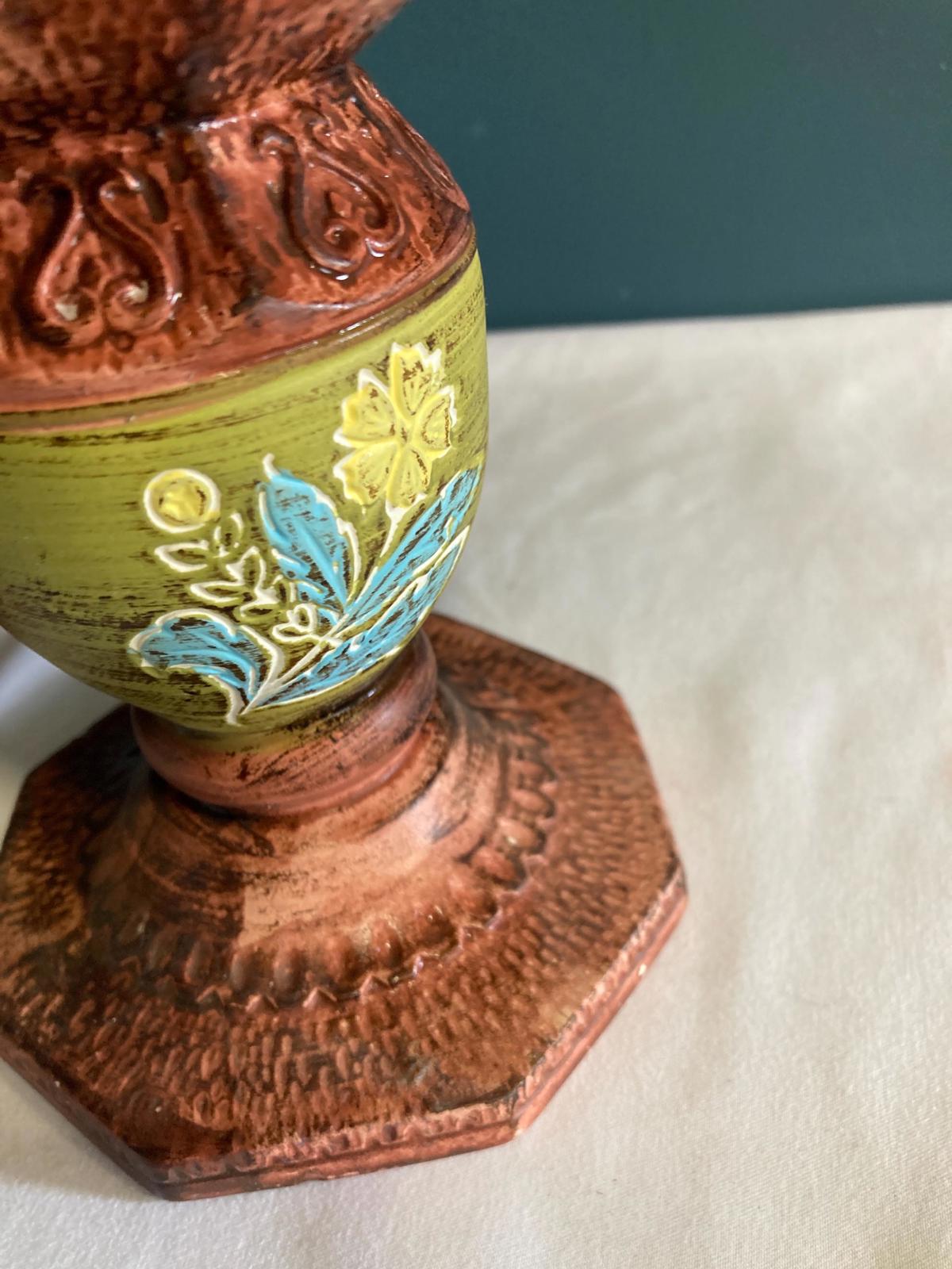 Vintage Hand-Painted Ceramic Candleholders – Brown with Green & Floral Design – Pair