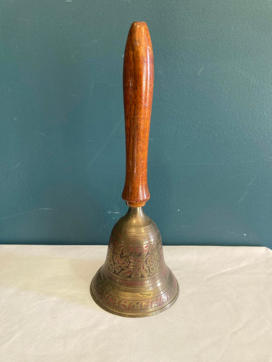 Vintage Brass Bell with Wood Handle | Etched Floral Design Dinner School Bell