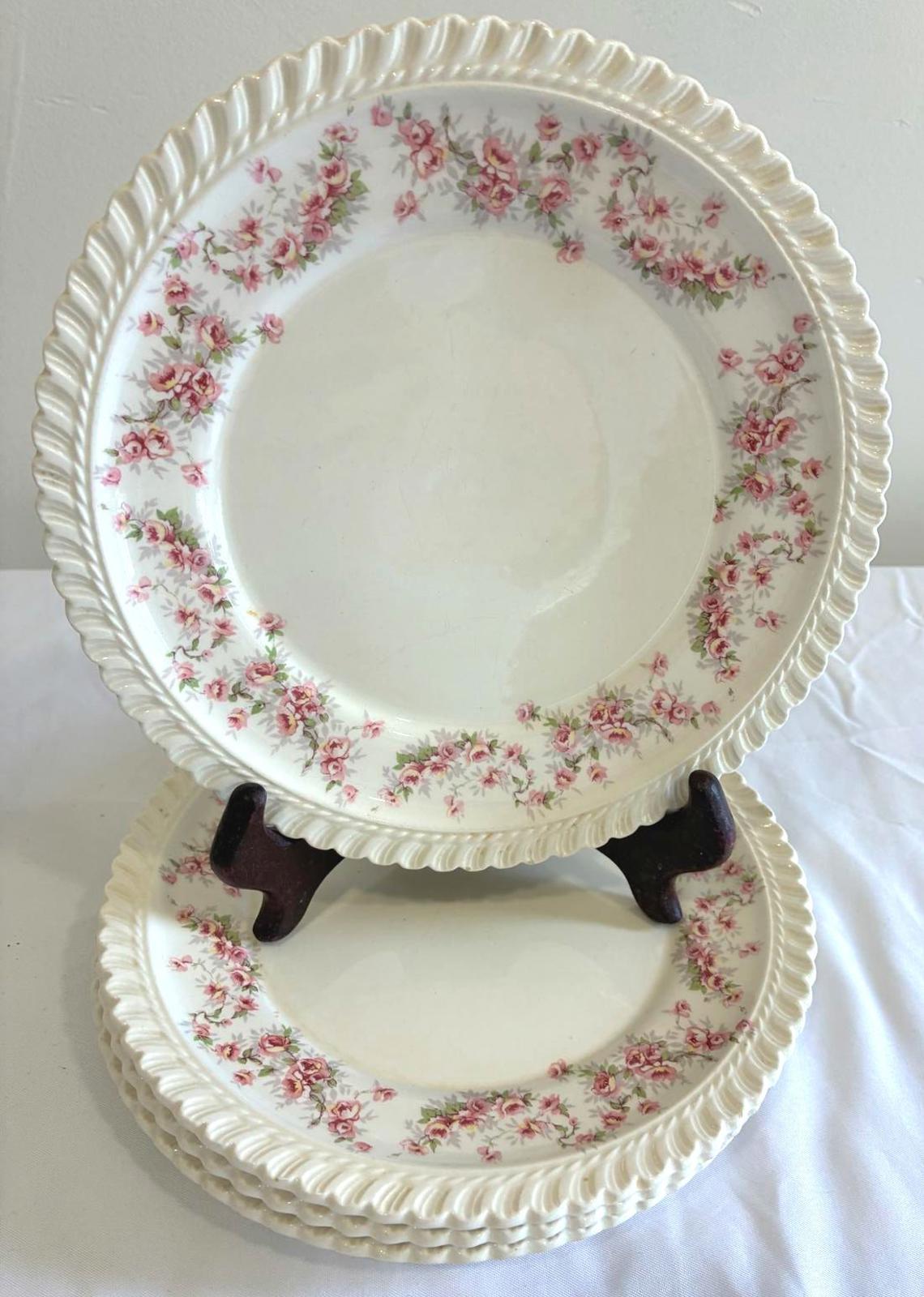 Set of four Harker Royal Gadroon Bridal Rose plates with pink floral pattern and textured rim, vintage china dessert plates.