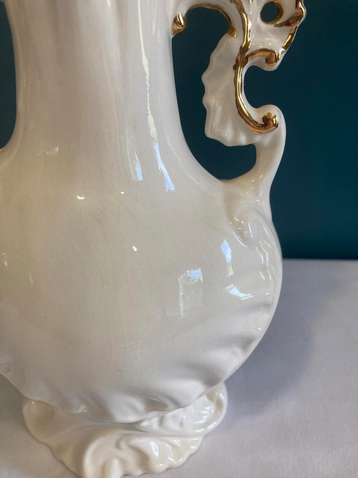 White Ceramic Vase with Gold Trim – Rococo Revival Scroll Handles