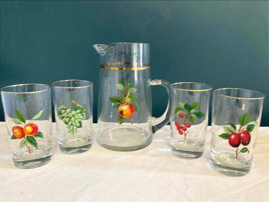 Vintage West Virginia Glass Fruit Juice Pitcher and 4 Glasses