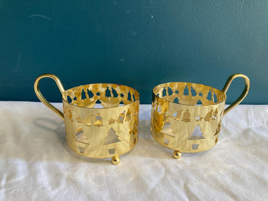 Vintage Gold Metal Cup Holders with Cutout Christmas Trees, Bells, & Stars, Set of 2