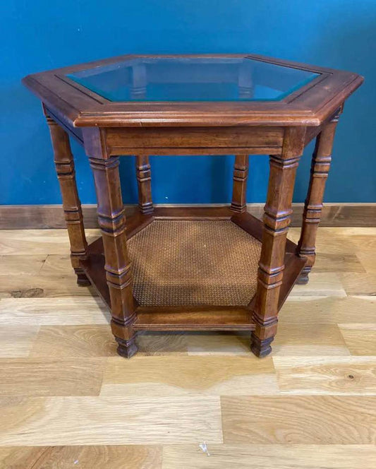 Midcentury Glass Topped Side Table with Cane Shelf