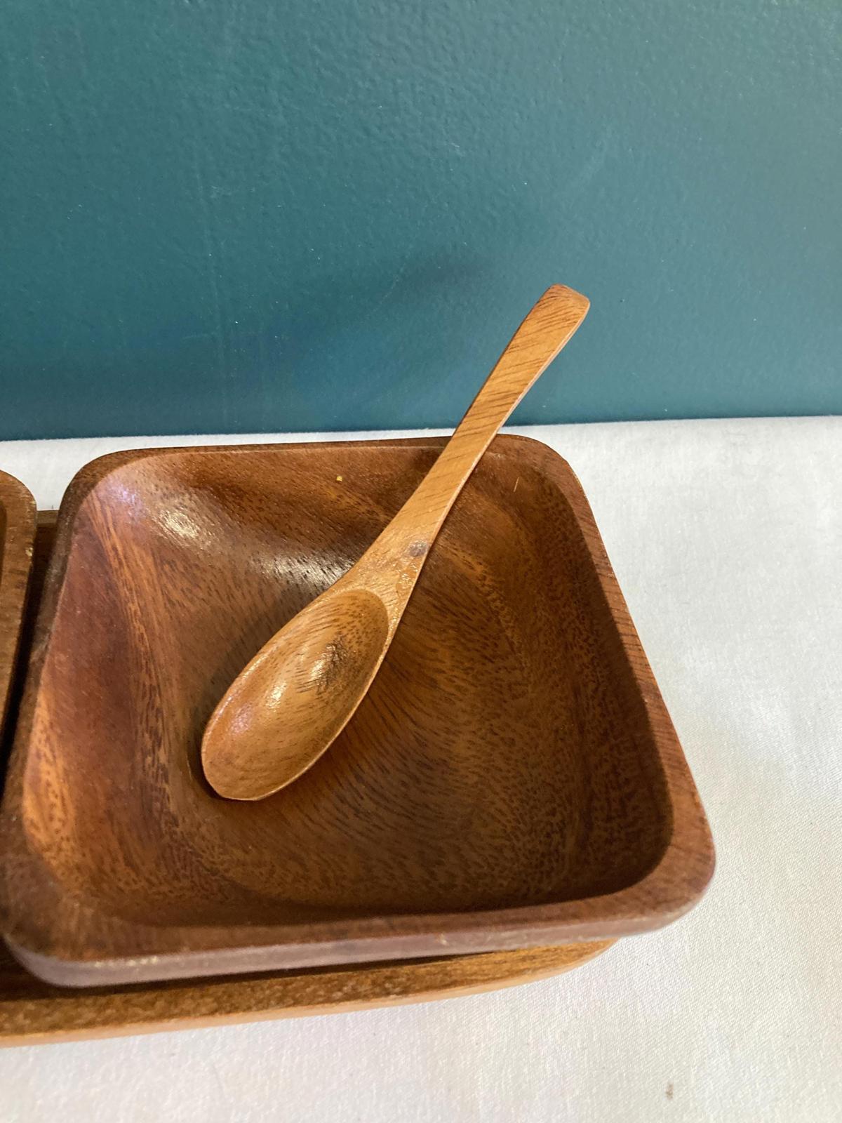 Midcentury Modern Solid Wood Condiment Bowls with Tray and Spoons
