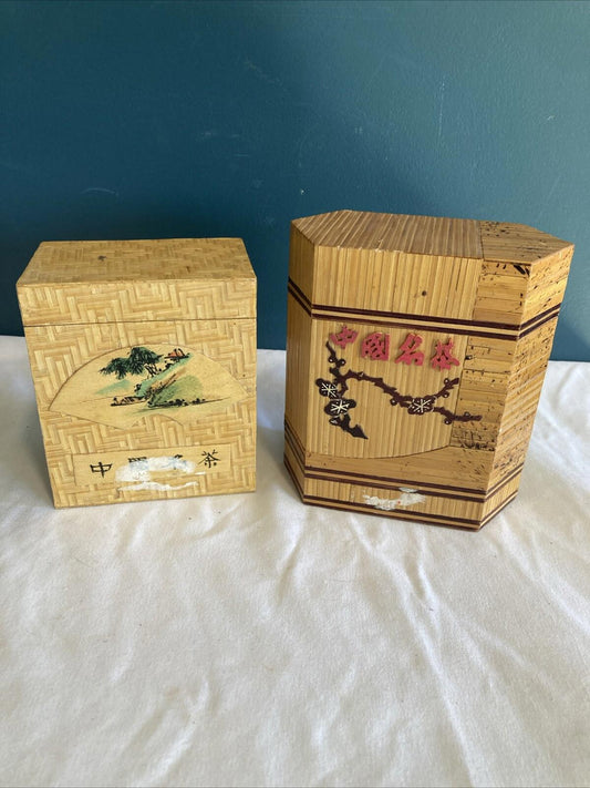 2 Vintage Asian Wooden Lacquer Tea Caddies – Decorative Storage Boxes