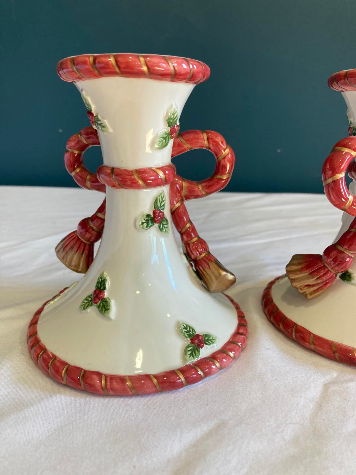 Vintage Fitz & Floyd Christmas Bow Ceramic Candlesticks