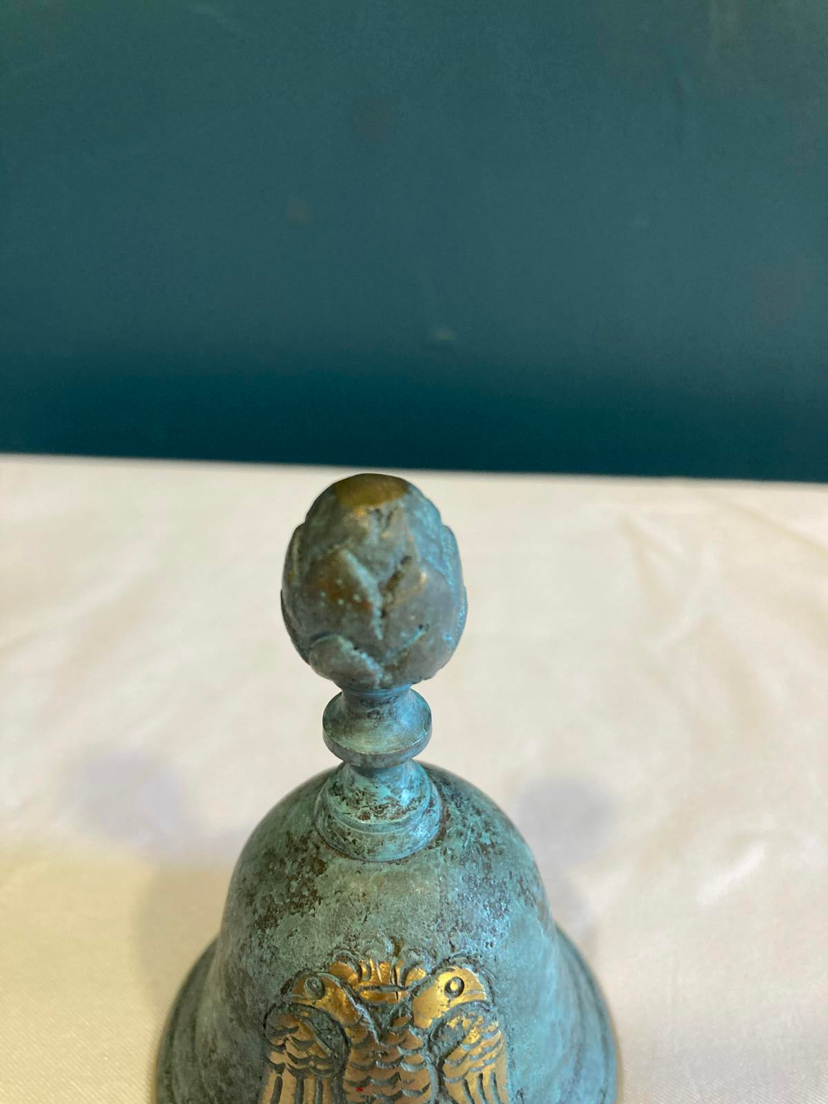 Vintage Green & Gold Brass Bell w/ Double-Headed Eagle – Ornate Finial, 3” Tall