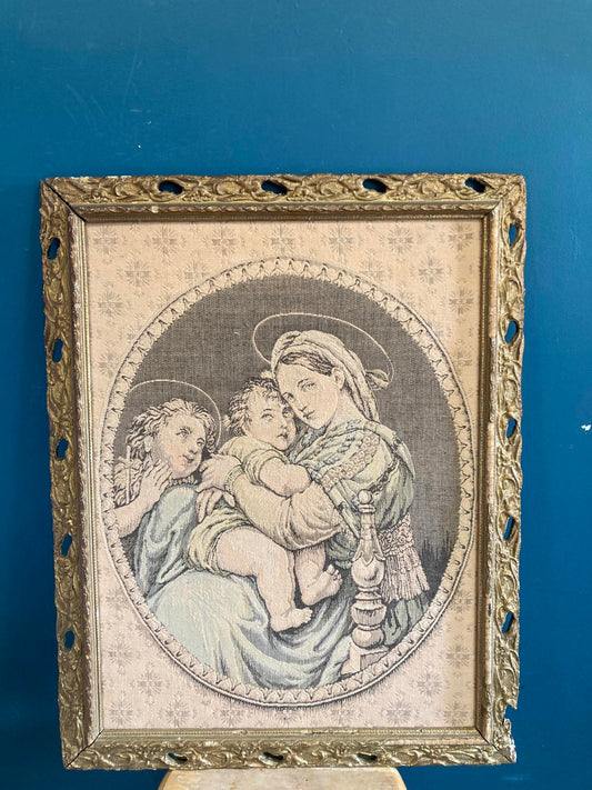 Antique Madonna and Child Framed Tapestry with Gold Frame