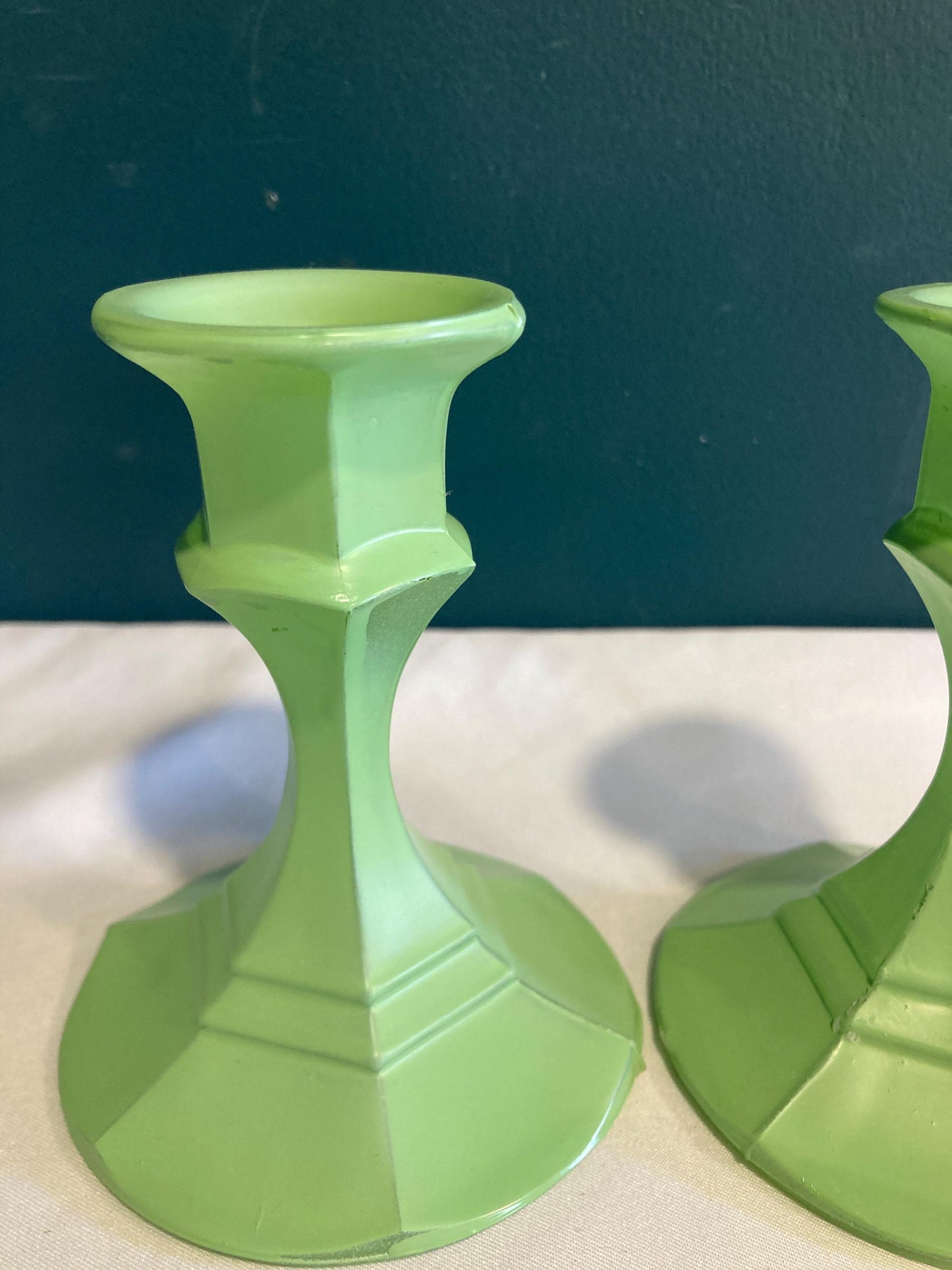 Vintage Green Painted Glass Candlesticks, set of 2