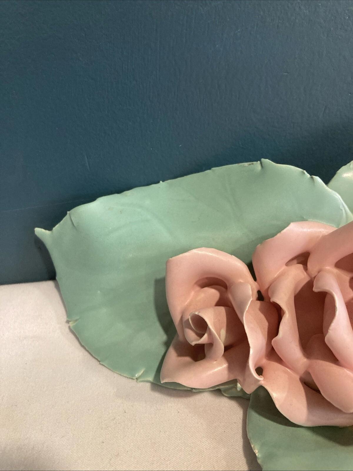 Vintage Porcelain Pink Rose Green Leaf Sculpture Centerpiece 8.4” Wide