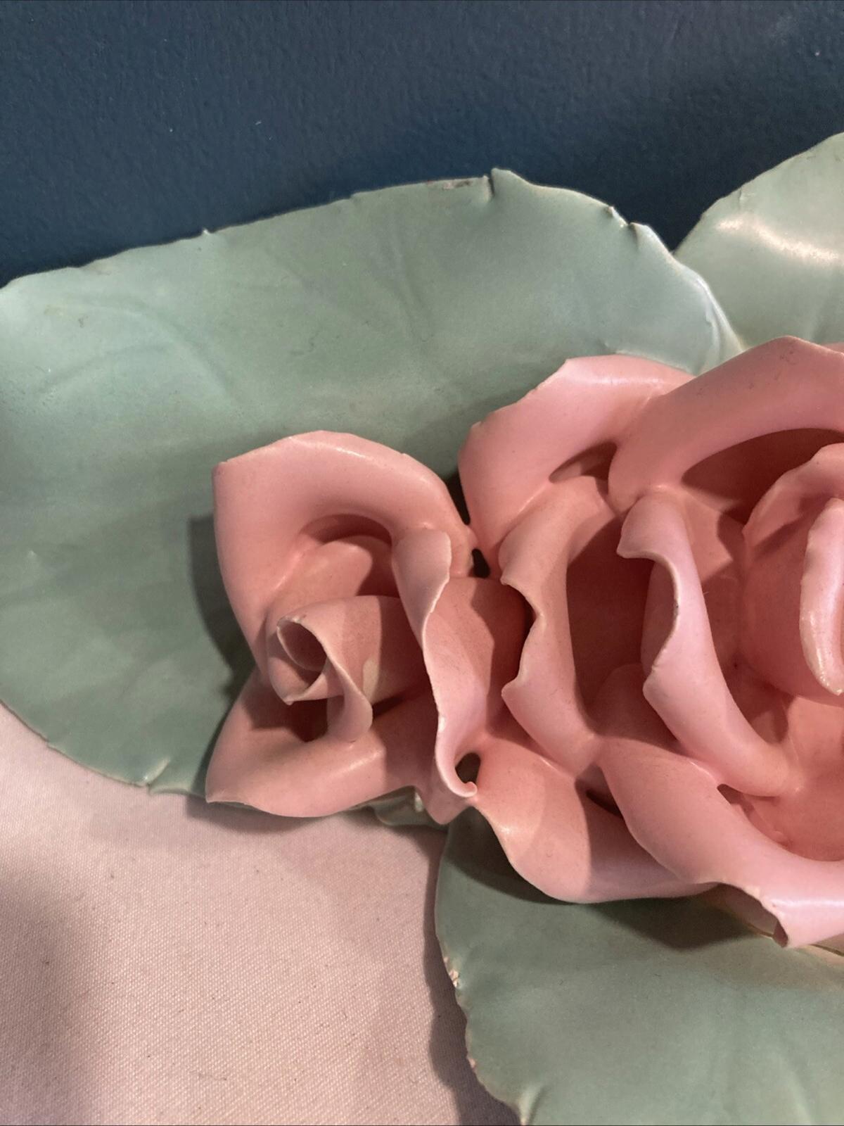 Vintage Porcelain Pink Rose Green Leaf Sculpture Centerpiece 8.4” Wide