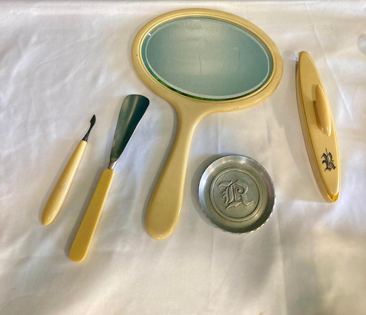 Vintage 5-Piece Vanity Set w/ "R" Monogram -Mirror, Shoe Horn, Nail Tools & Tray