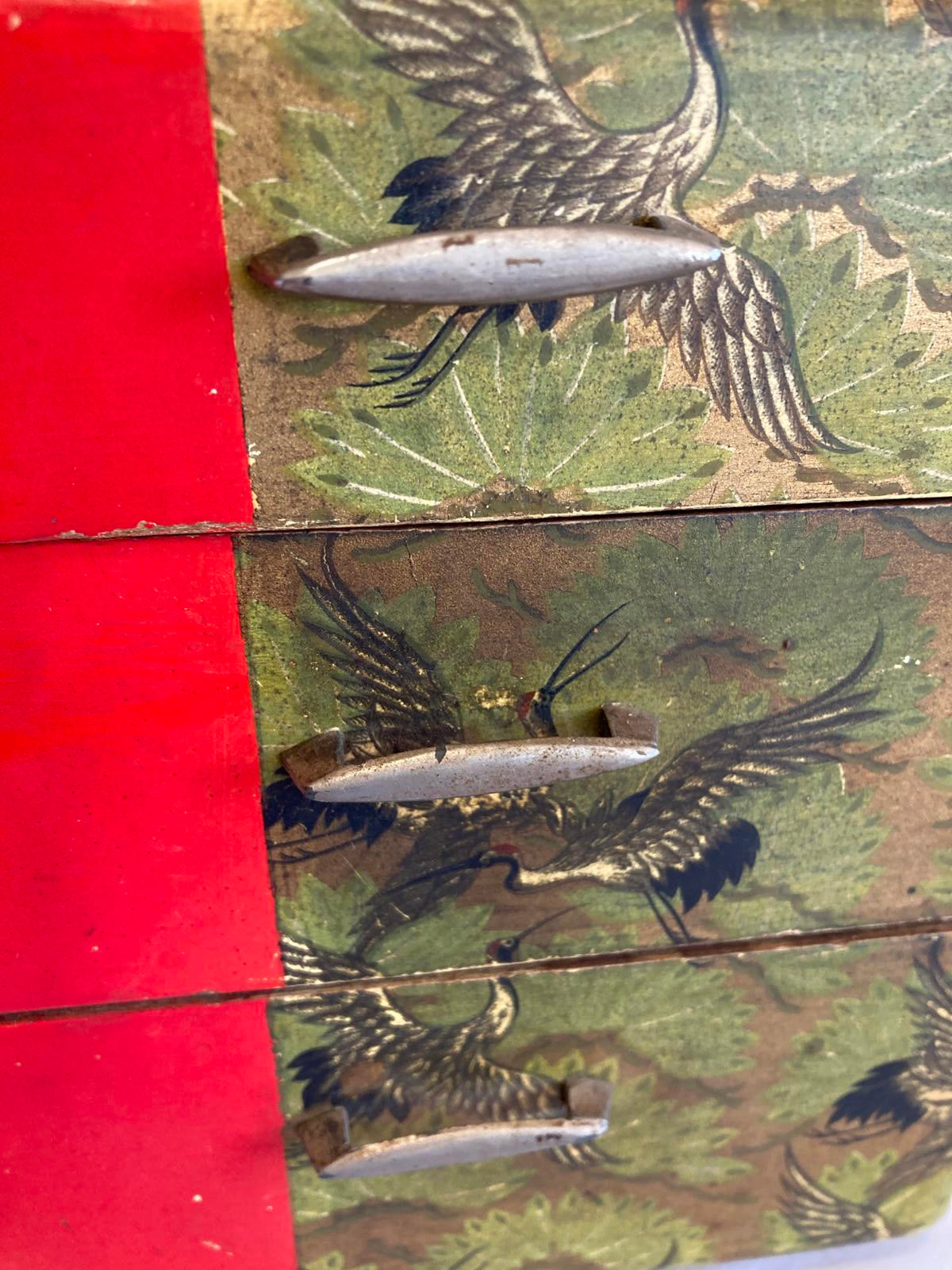 Early 20th Century Japanese Small 3 Drawer Box With Papered Cranes