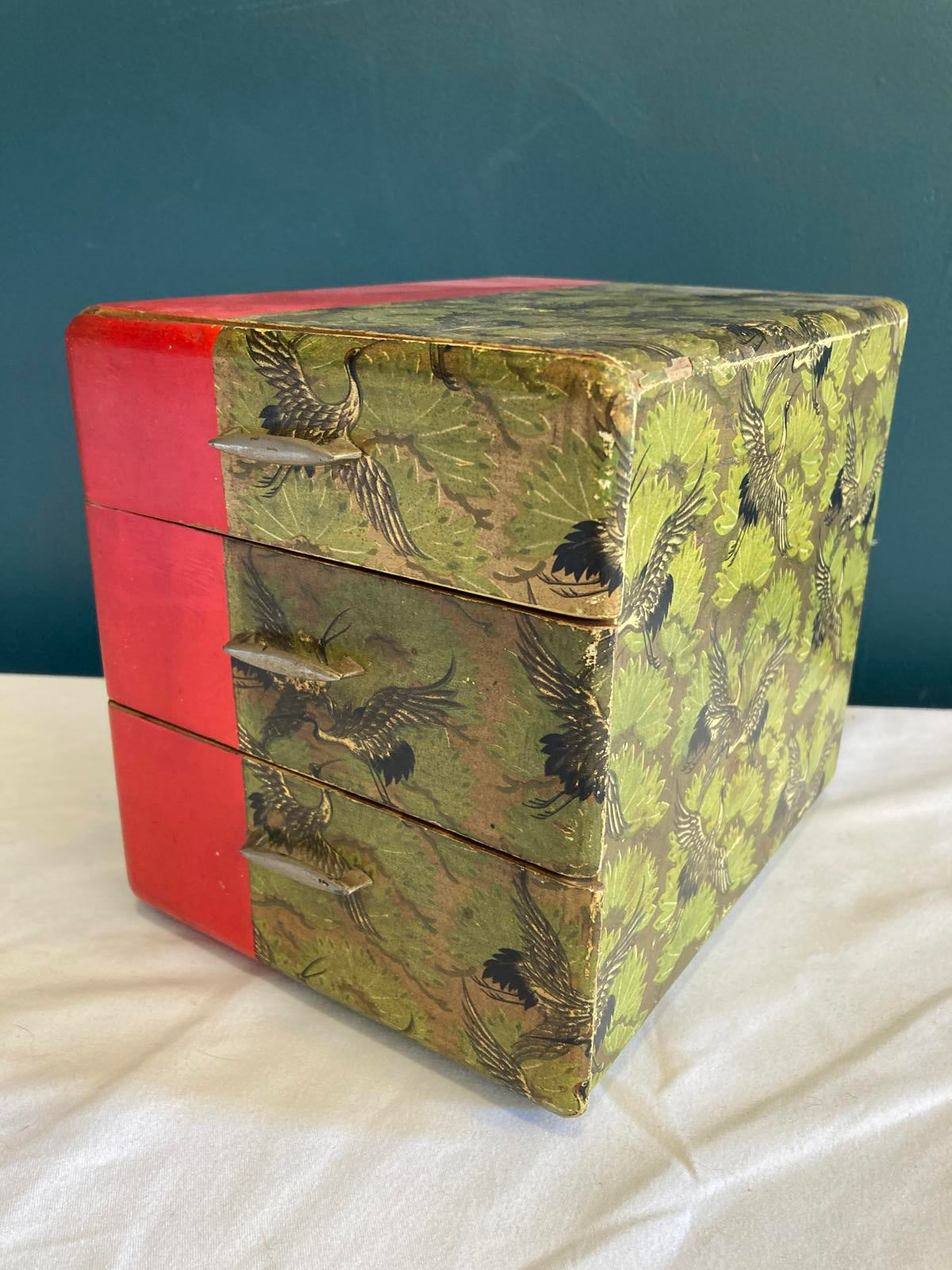 Early 20th Century Japanese Small 3 Drawer Box With Papered Cranes