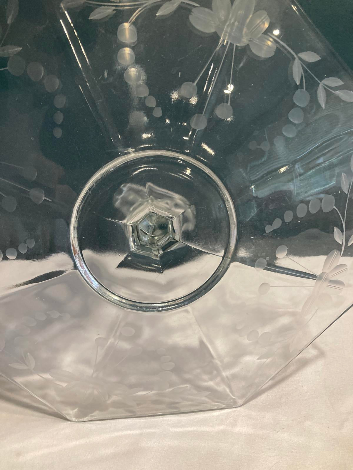 Vintage Etched Glass Cake Plate with Handle