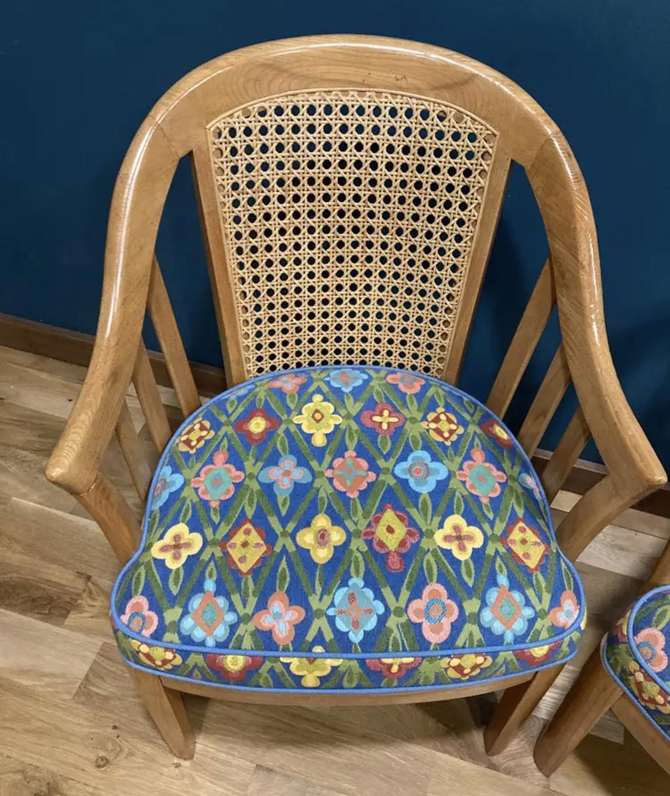 Vintage Cane Back Accent Chairs with Blue Floral Upholstery, Set of 2