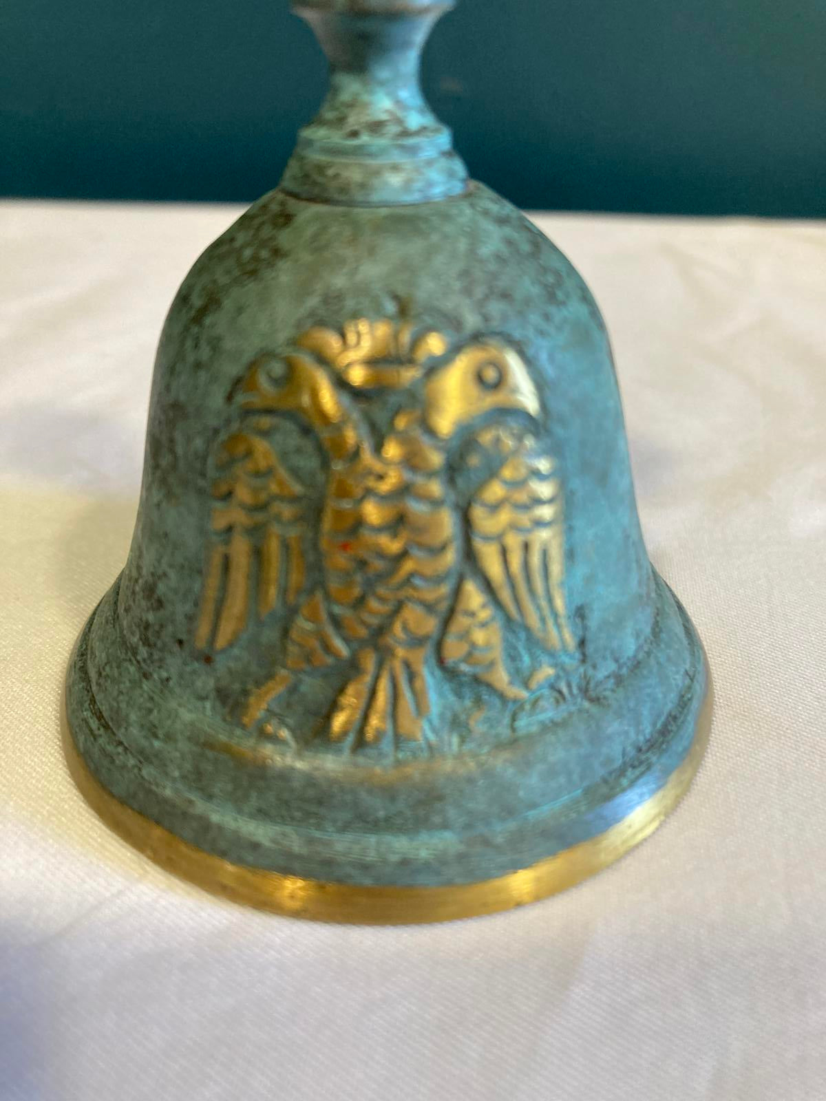 Vintage Green & Gold Brass Bell w/ Double-Headed Eagle – Ornate Finial, 3” Tall