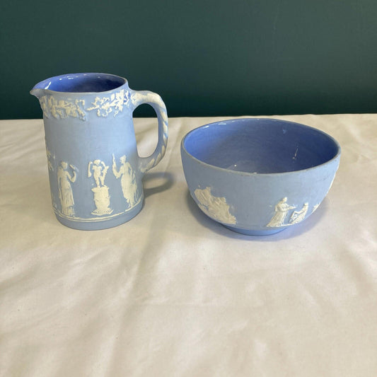 Vintage Blue Jasperware Creamer & Bowl Set –Classic Greek Relief Made in England