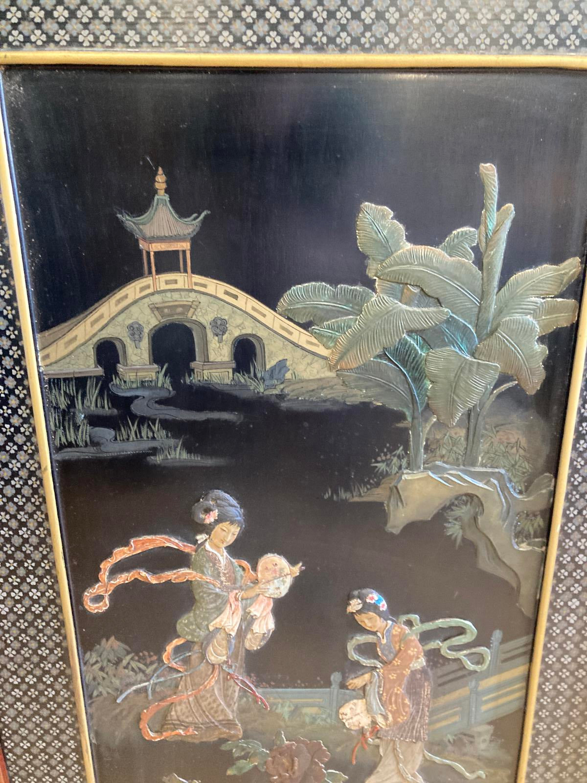 Vintage Asian Stone Inlay Wall Art with Wood Frame