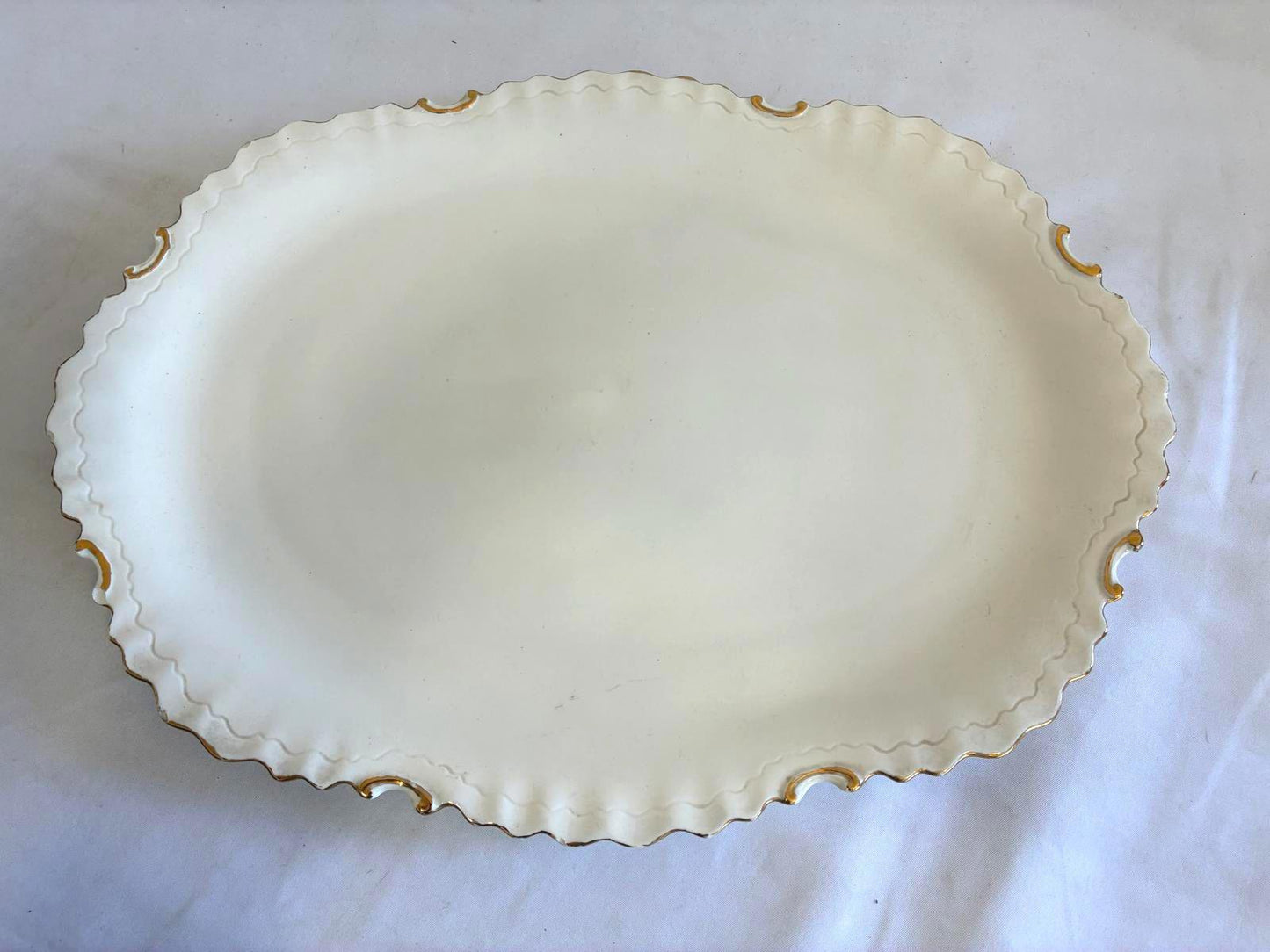 Vintage White Serving Platter Gold Trim Scalloped Edge Mid Century Serving Tray