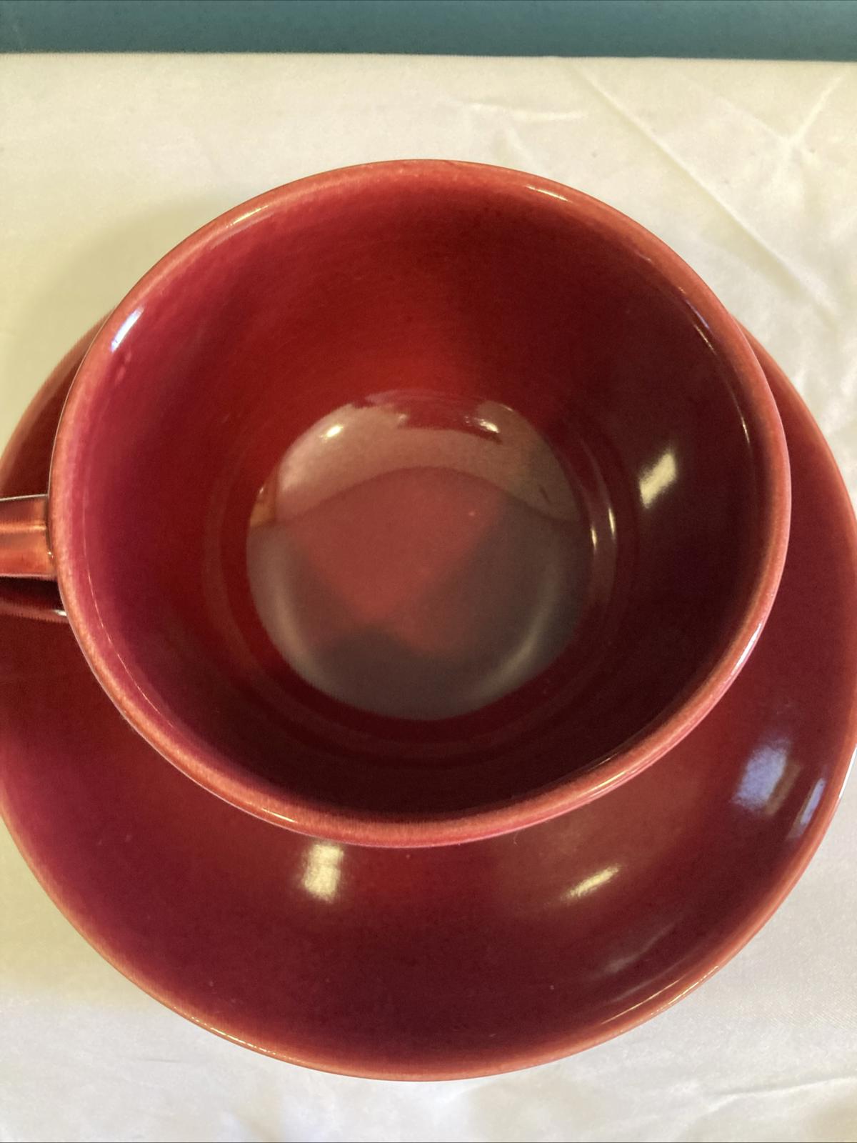 Vintage Bauer Pottery Red Moderne Cup and Saucer Set Los Angeles