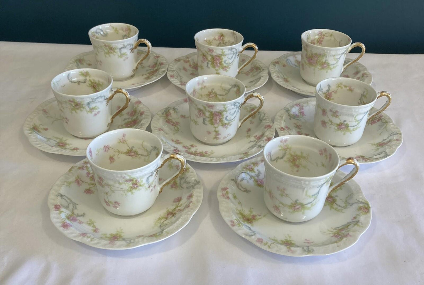 Set of 8 Vintage Haviland & Co Limoges France The Princess Tea Cups & Saucers
