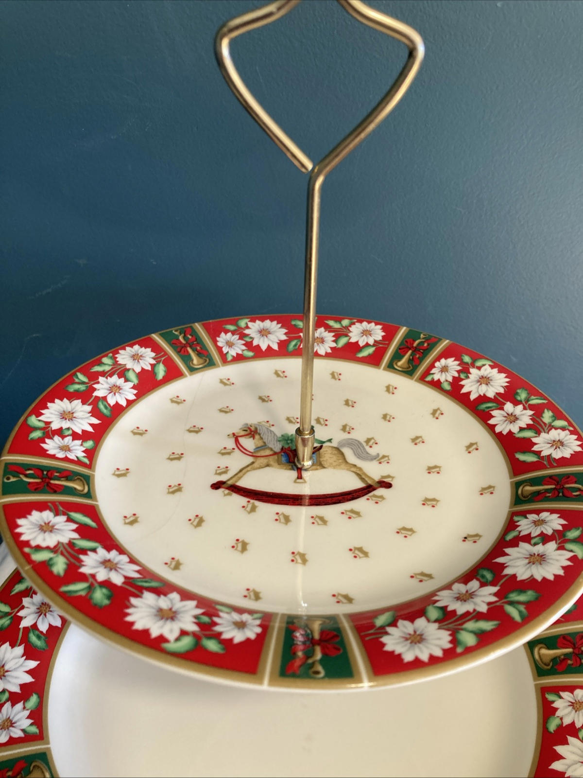 Vintage Charlton Hall Kobe Christmas Rocking Horse Two-Tier Serving Tray | Holiday Server