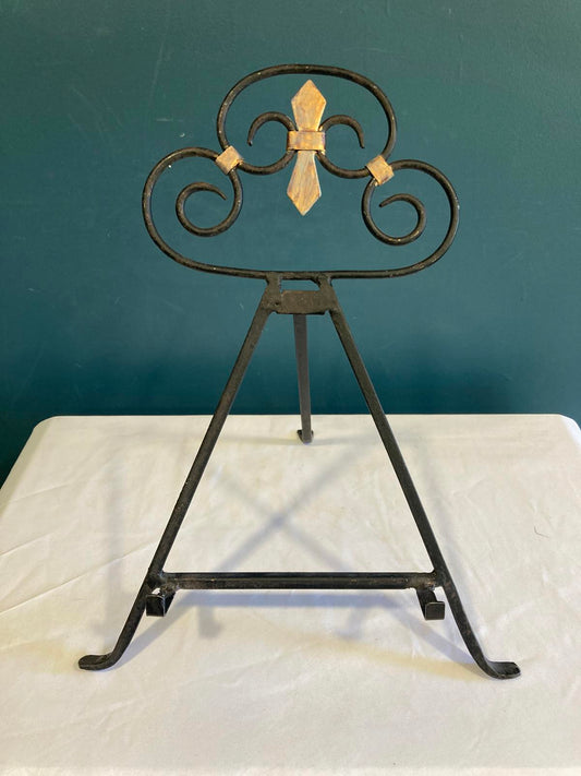 Vintage Wrought Iron Easel Stand with Gold Accent – Rustic Display