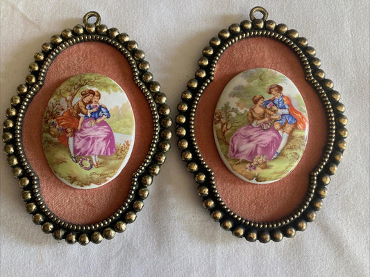 Antique Victorian Couple Cameo Porcelain Wall Art Hanging Decor set of 2