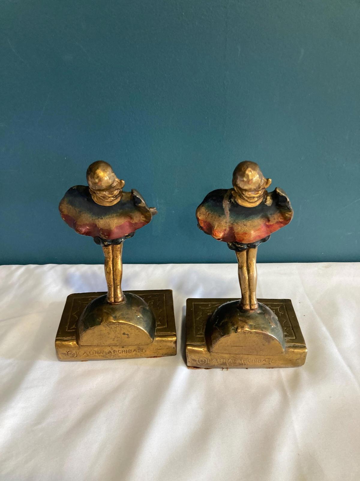 Antique Pompeian Bronze Bookends Laura Archibald 1920 Top O' The Morning Girl, Set of 2