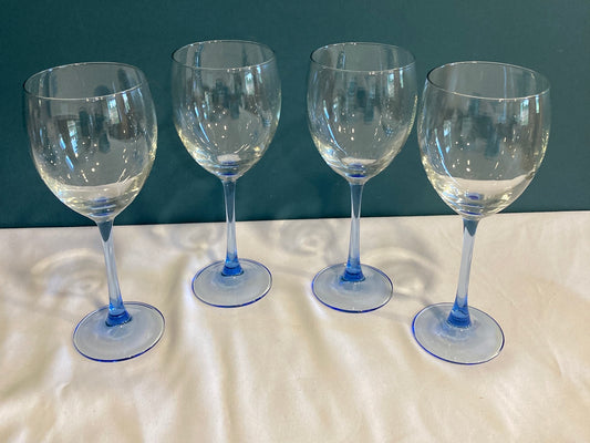 Vintage Light Blue Stem French Wine Glasses, Set of 4