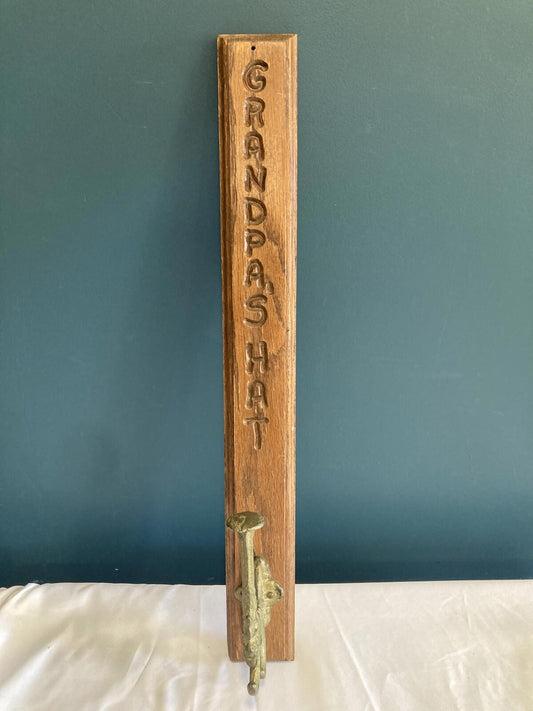 Vintage Wood & Metal Wall Hook – "Grandpa’s Hat" Handmade Carved Hanger