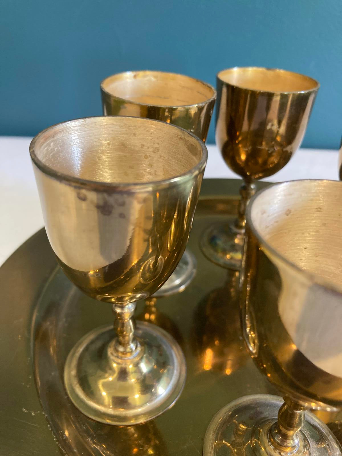 Vintage Solid Brass Goblet Set with Tray – 6 Small Cups & Serving Tray R Albanez