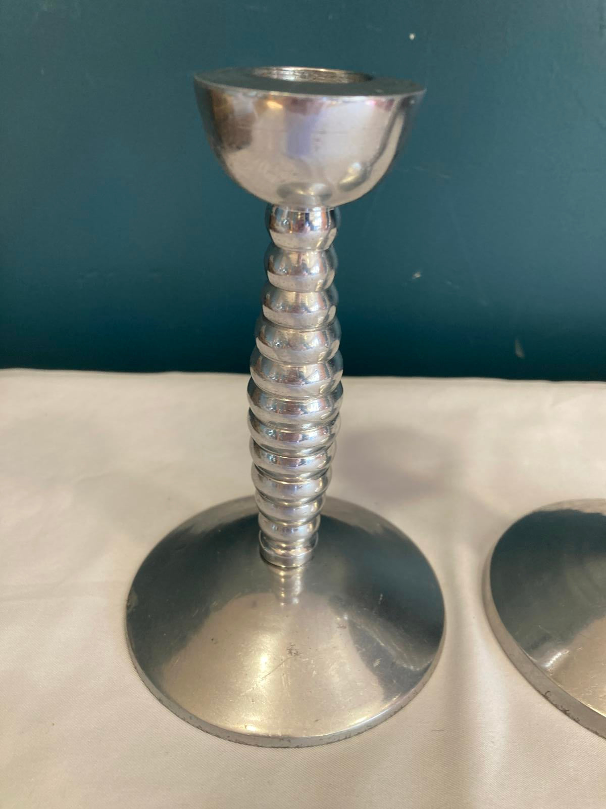 Metalworks by International Stacked Ring Candlesticks Pair Mid Century Modern