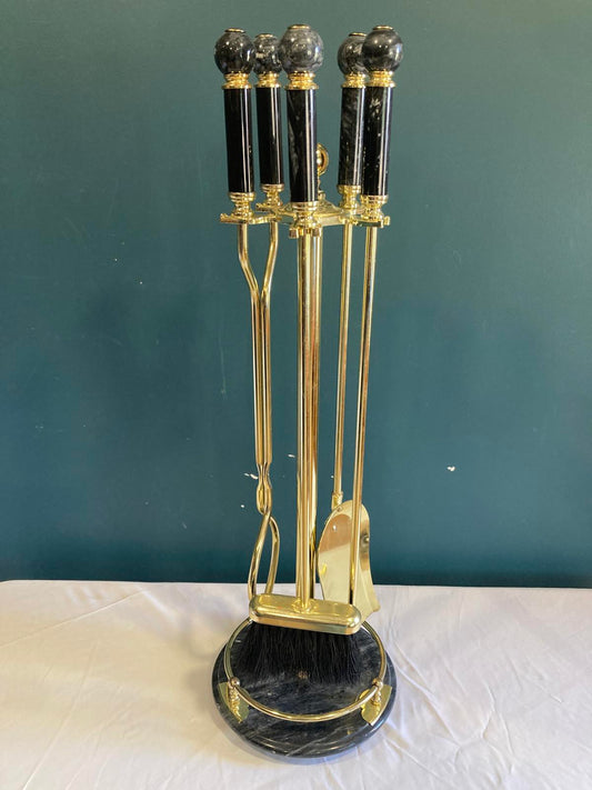 Brass & Marble Fireplace Tool Set – 5 Piece Vintage Finds Hearth Decor
